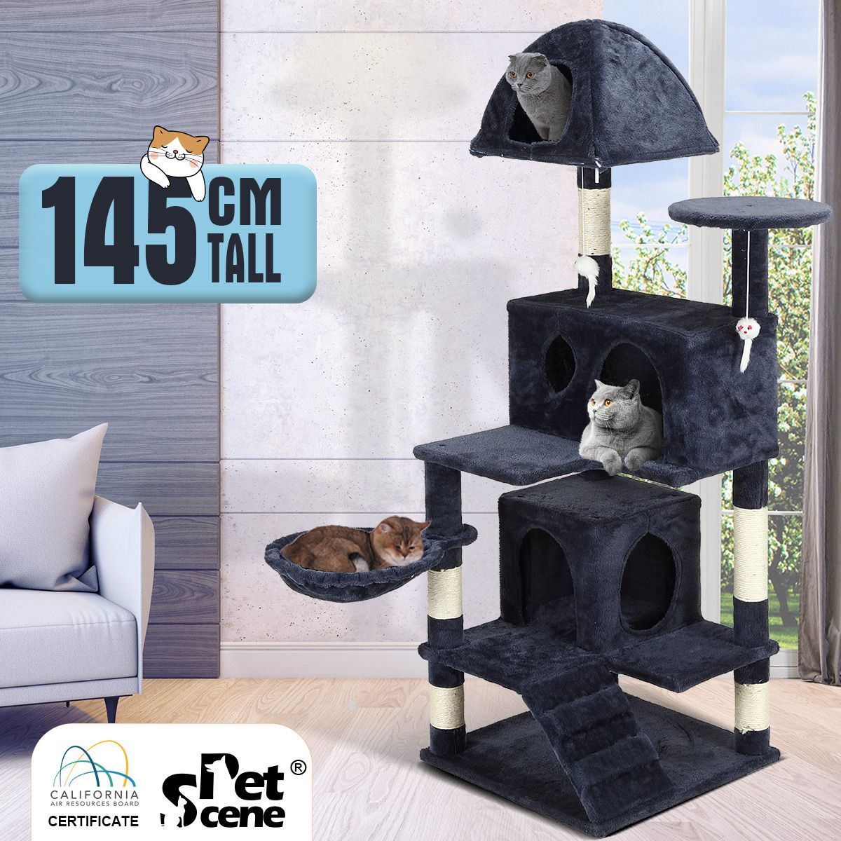 Cat Scratching Tree Post Dome Condo Play House Climbing Tower Pole Furniture Gym with Toys Perch 146cm