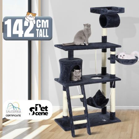 Cat Tree Climbing Gym Scratching Post Tower Pole w/ Cat Tunnel Condo Playhouse Perch Basket Hammock Rope 140cm Tall
