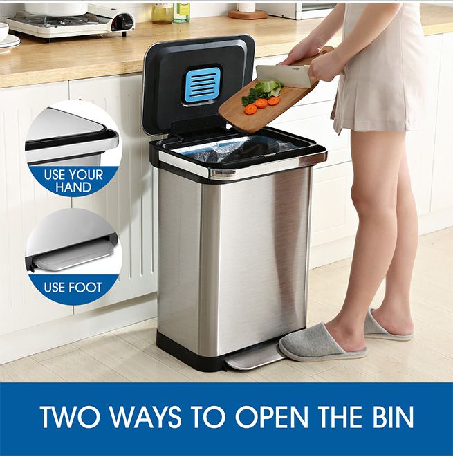 50L Stainless Steel Bin Kitchen Rubbish Bin Recycling Bin Trash Garbage