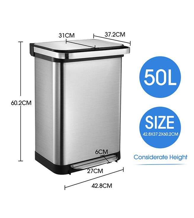 Plastic LIVIVO Stylish 50L Litre Stainless Steel Recycling Bin Pedal Waste Trash Rubbish Glass Paper Garden Waste and Compost Kitchen Recycle Bin Satin Silver Cans 