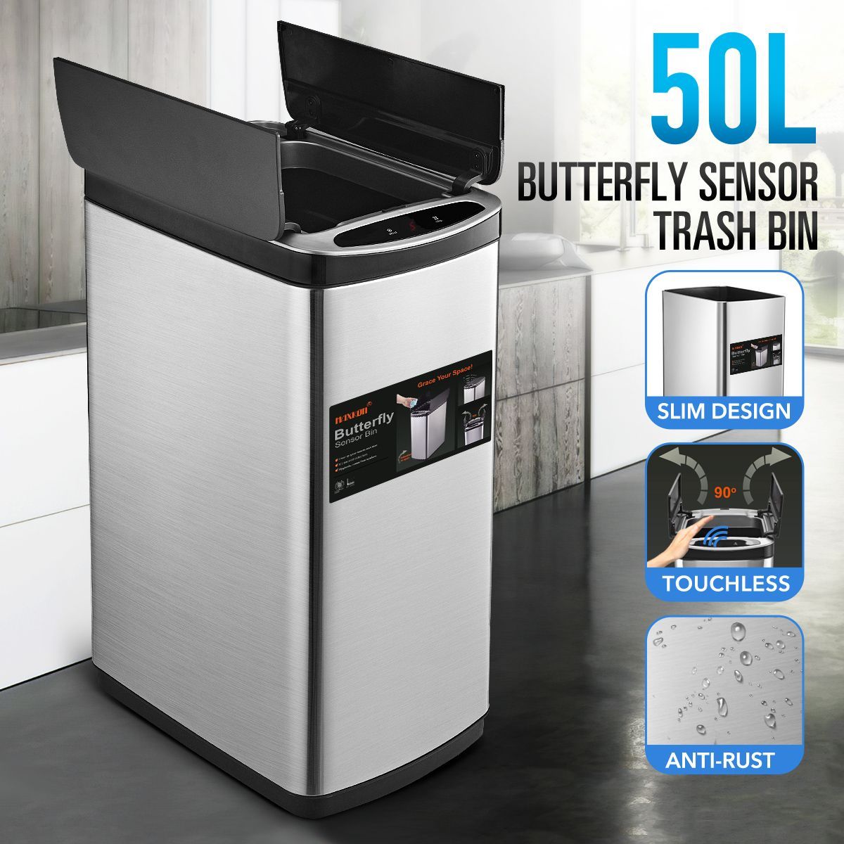 50L Smart Bin Kitchen Rubbish Bin Trash Waste Recycling Bin with Infrared Motion Sensor