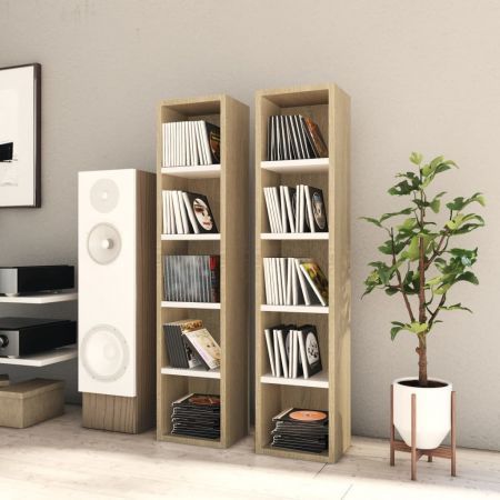 Festnight CD Cabinet White VD Blu-ray Media Cubby Storage Shelves and Sonoma Oak 21 x 16 x 93.5 cm Chipboard 