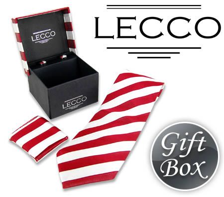 LECCO Silk Tie, Cufflink and Handkerchief Gift Box Set - TS07 - Red & White Striped
