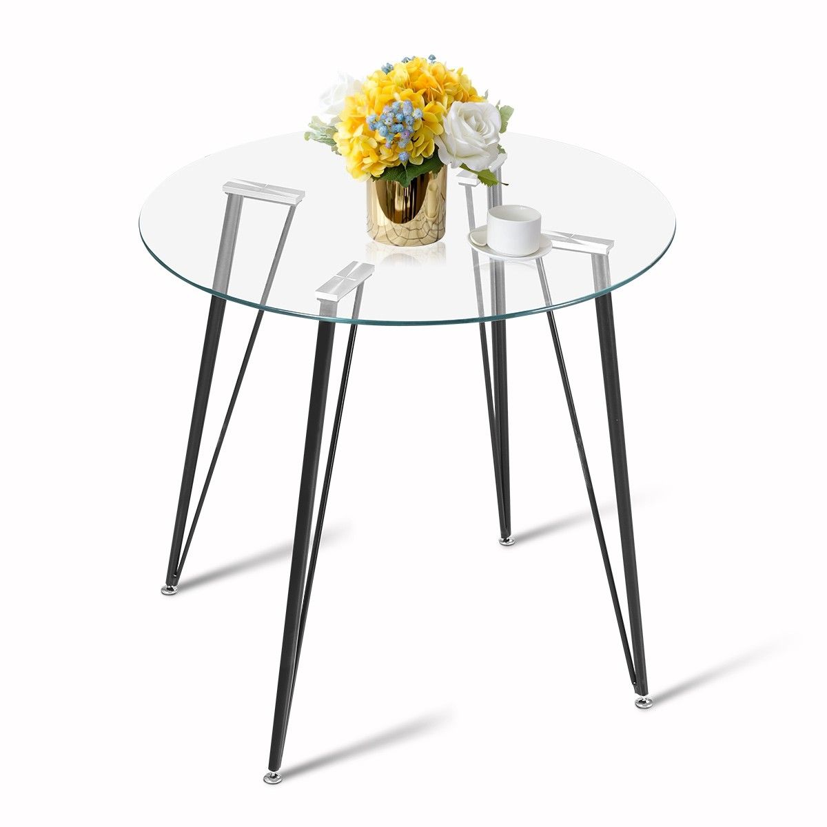 Round Clear Glass Dining Table Coffee Table Kitchen Table with Four