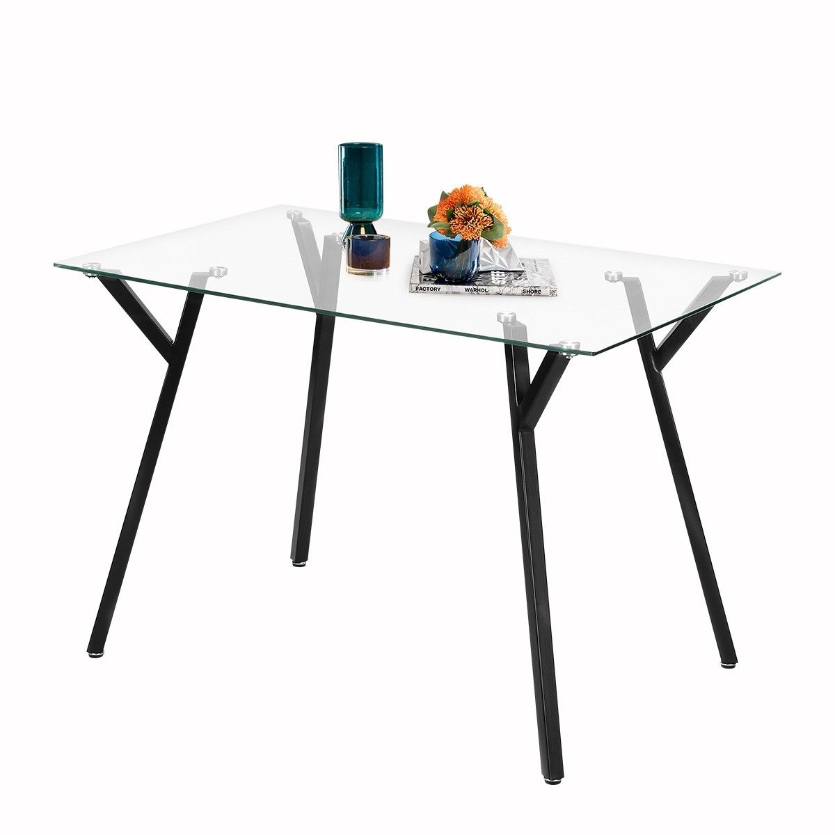 Rectangular Glass Dining Table Kitchen Table with Metal Legs for Dining