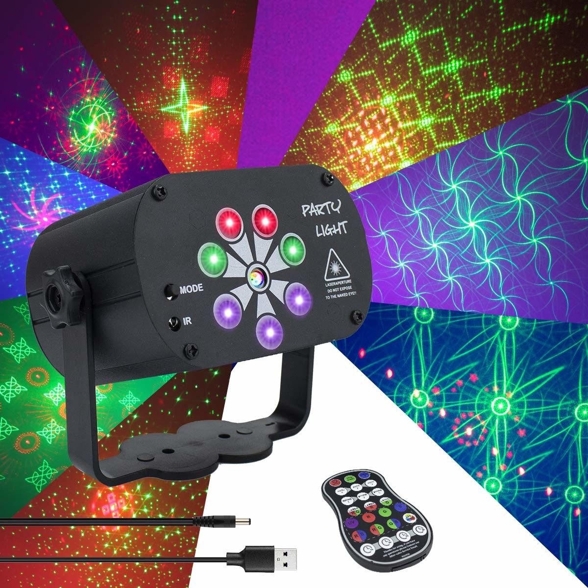 Laser Lights Music Activated 128 Patterns USB power 8-Eyes Stage Laser Projector Light with Remote Control