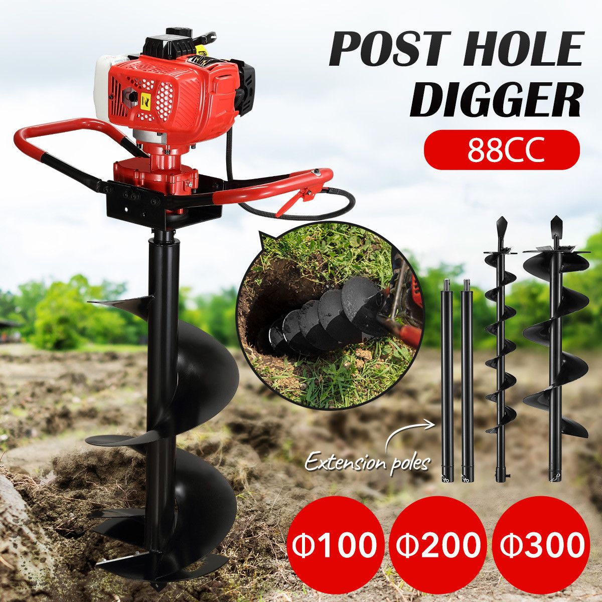 Petrol Auger Post Hole Digger 88CC Hand Held Petrol Drill Borer Auger