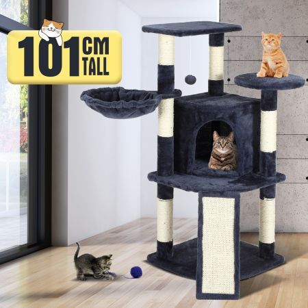 Cat Scratching Post Play House Home Cando Gym Climbing Tower Pole w/ Perches Basket Lounger Scratcher Ramp Multi Levels 101cm Tall