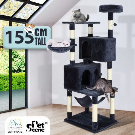Cat Tree Scratching Post Climbing Pole Tower Gym Condo Play House Center Perch Hammock Multi Levels 1.6m Tall Dark Grey