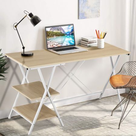 White Computer Desk Home Office Desk Gaming Workstation with X Legs and Shelves
