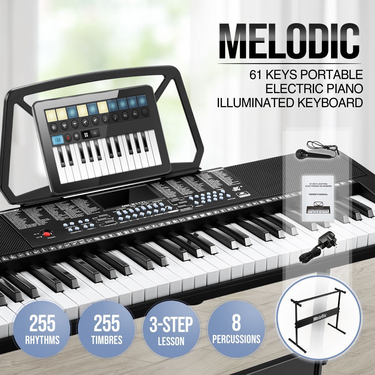 Melodic Electronic 61-Lighted Key Piano Keyboard 24 Demo Songs USB Jacks Music Stand