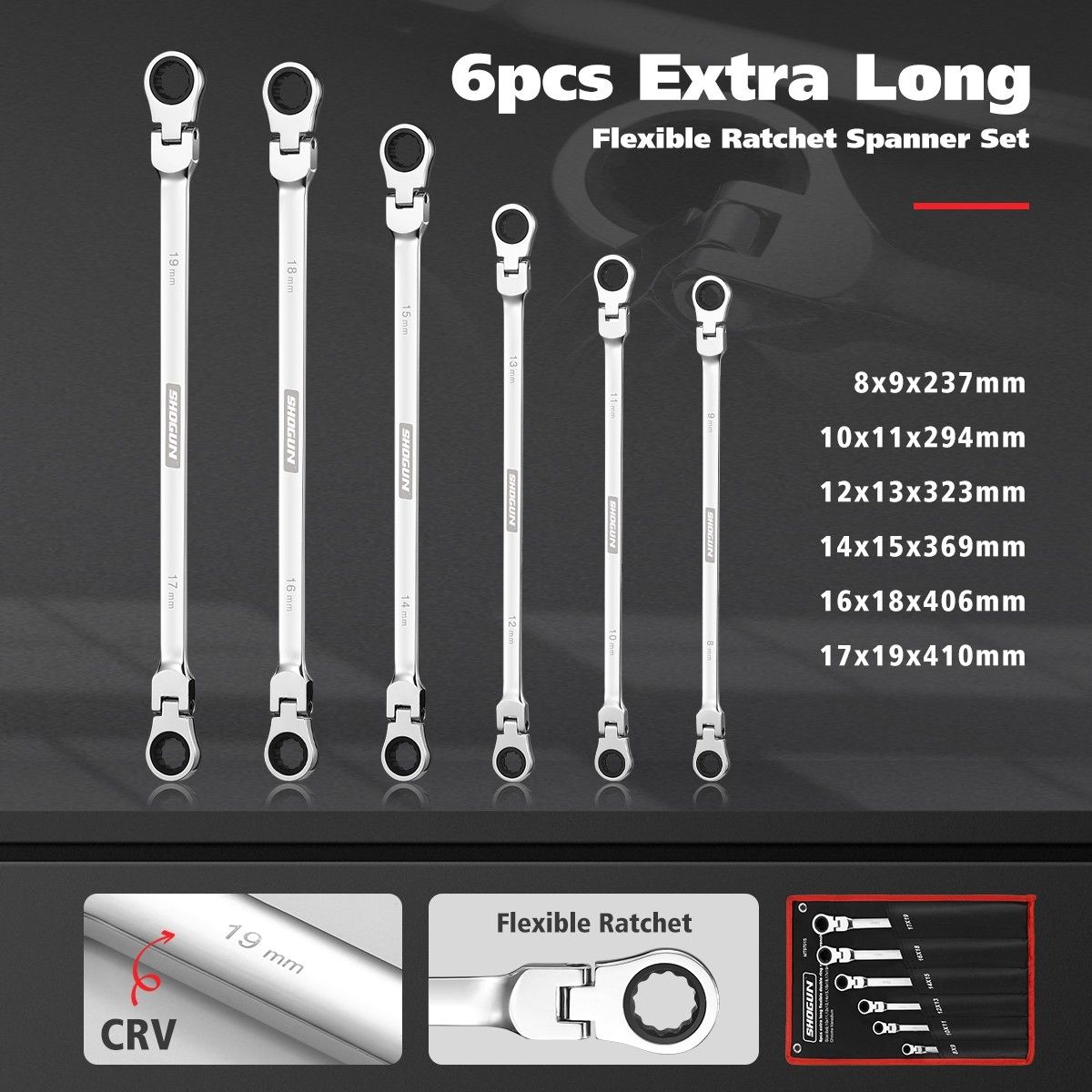 6 PCS Extra-Long 180 Degree Flexible Double Ring Ratchet Spanner Set 72 Tooth Wrench Tool