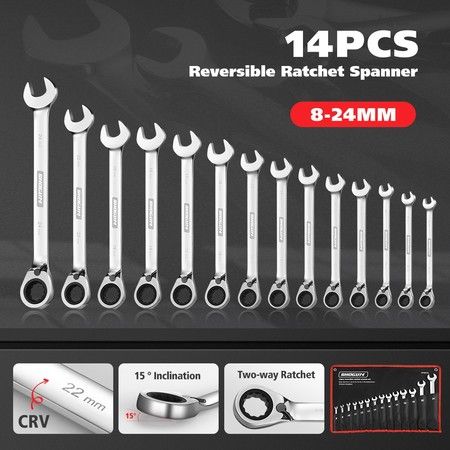 14 PCS Reversible Cr-V Ratchet Spanner Set 2-way Ratchet 72 Tooth Wrench Tool