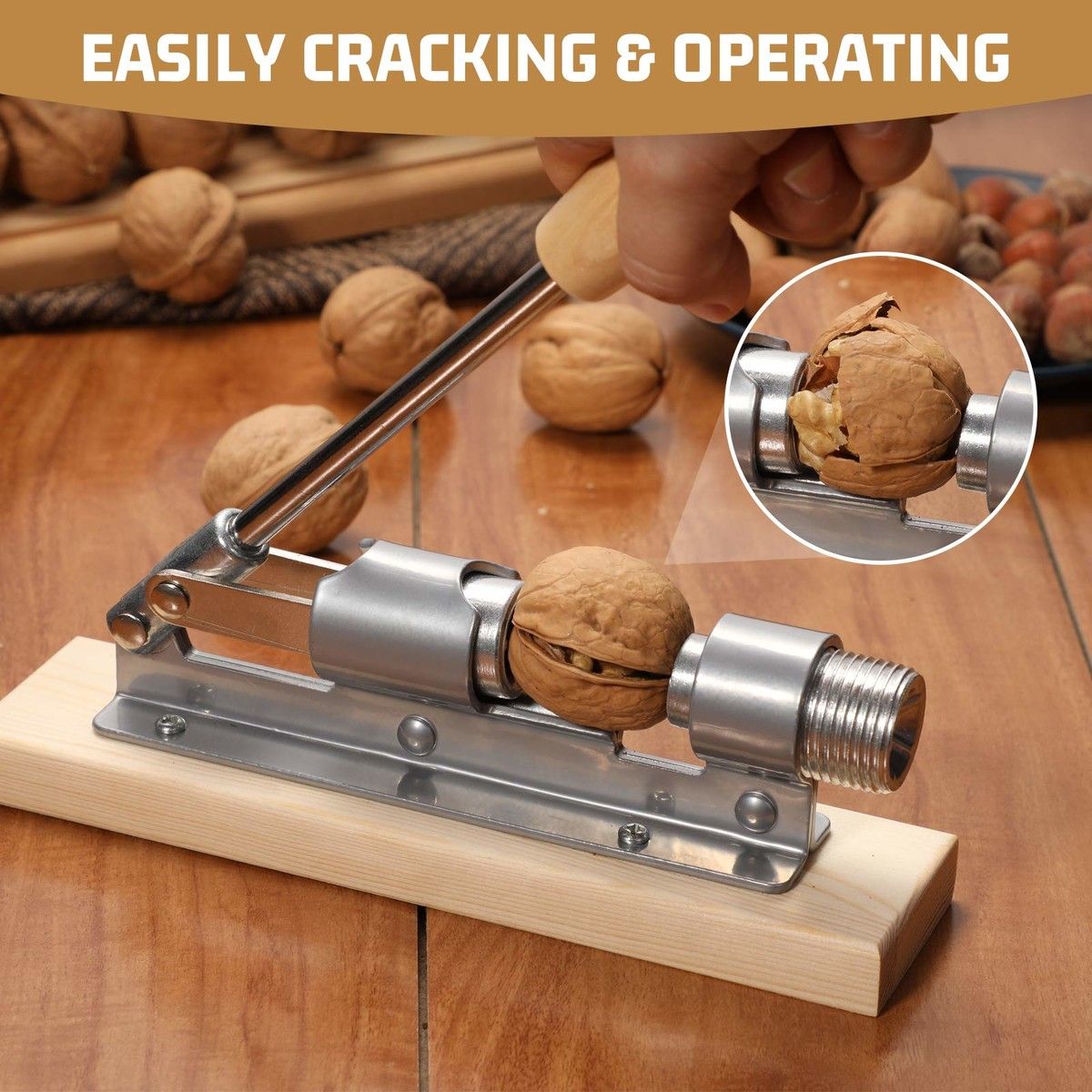 Good Heavy Duty Pecan Nut Cracker Tool with 4 Picks, Wood Base & Handle