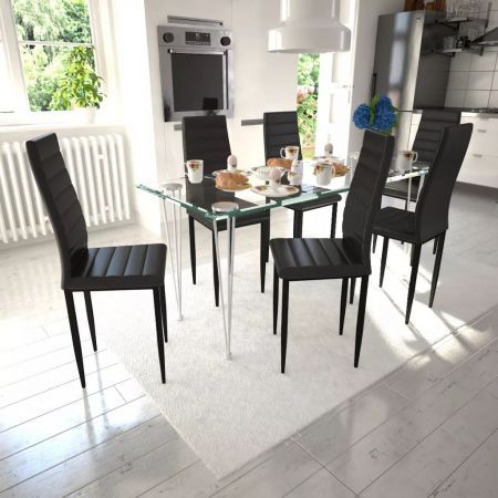 Dining Set Black Slim Line Chair 6 pcs with 1 Glass Table