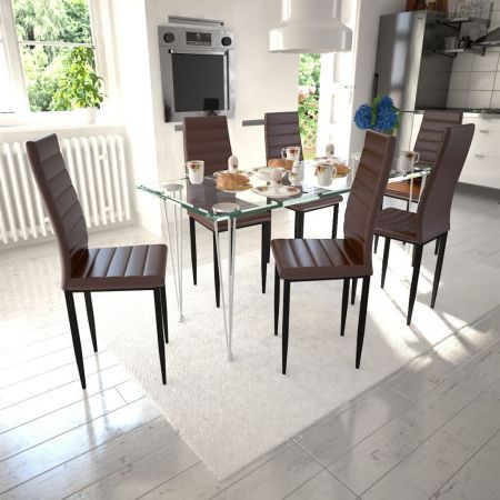 Dining Set Brown Slim Line Chair 6 pcs with 1 Glass Table