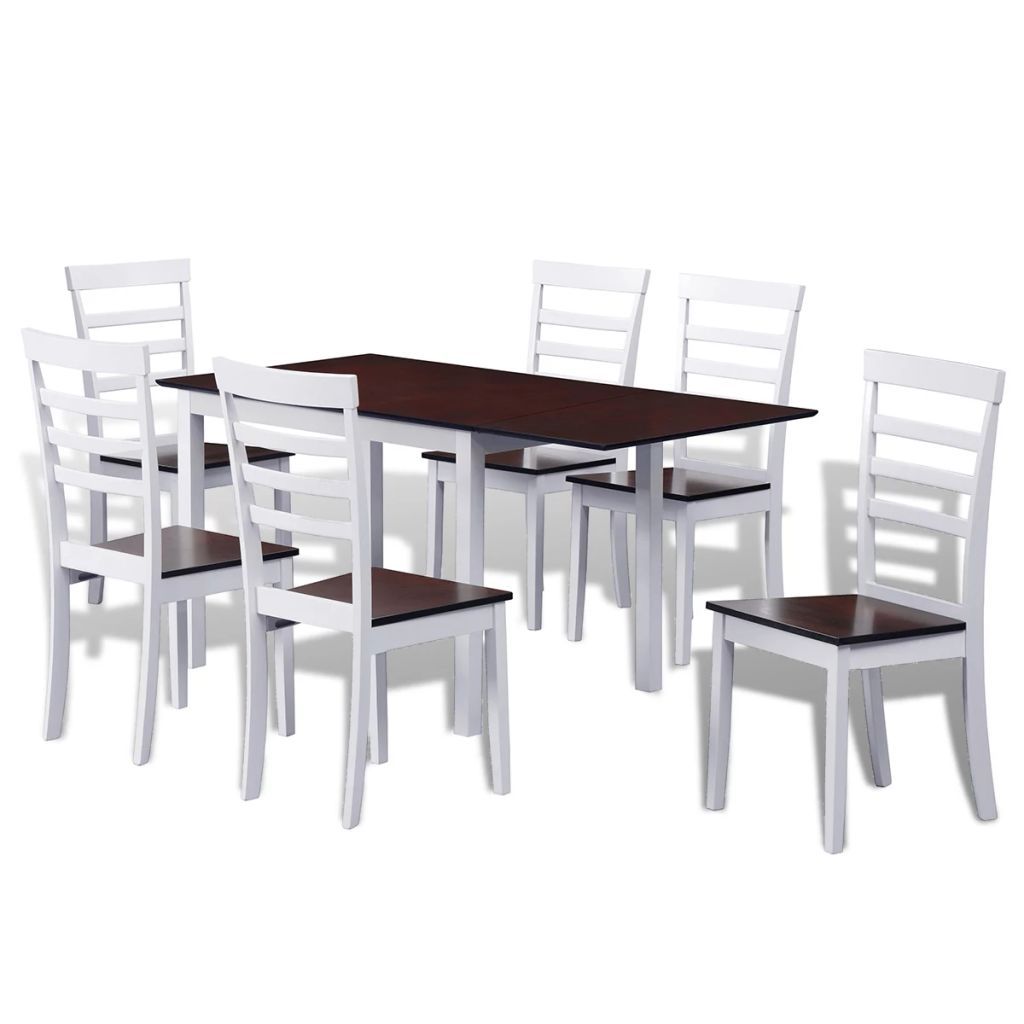 Brown White Solid Wood Extending Dining Table Set with 6 Chairs