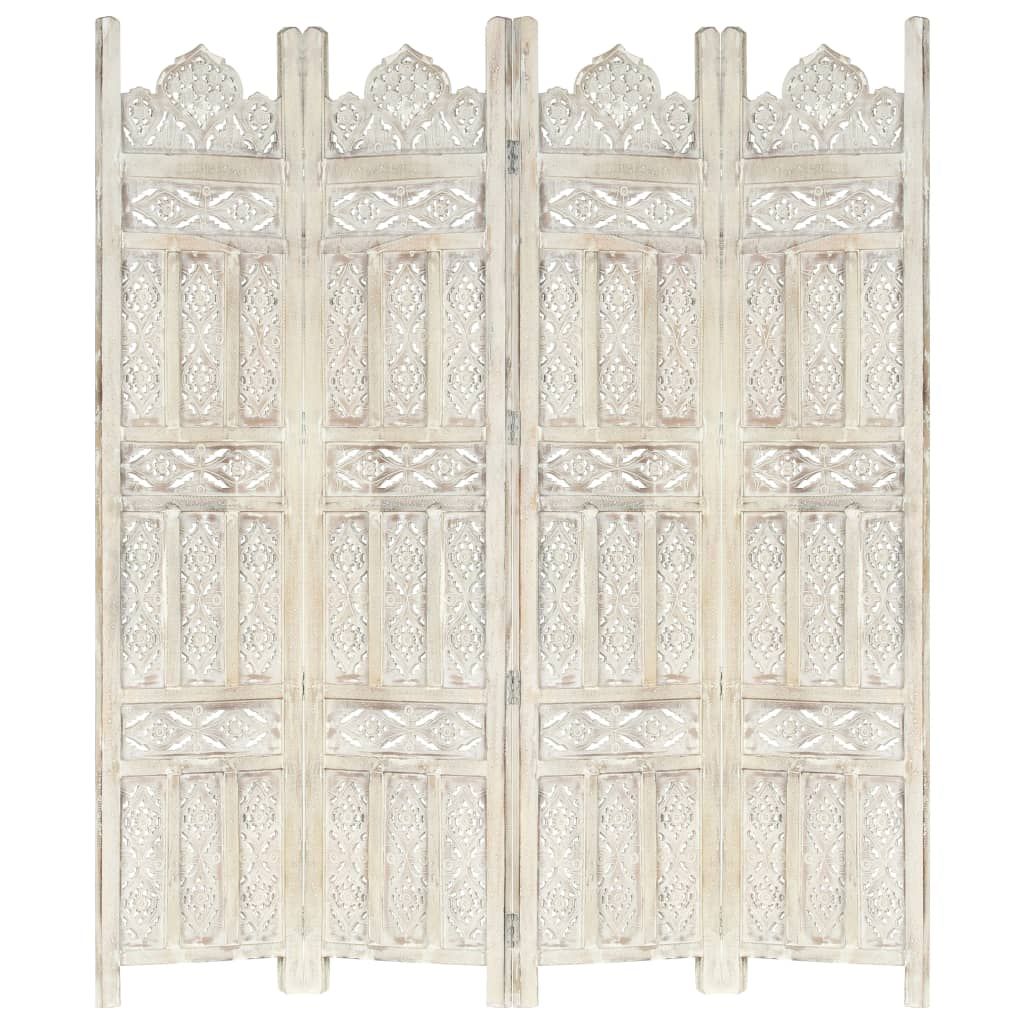 Hand carved 4-Panel Room Divider White 160x165 cm Solid Mango Wood