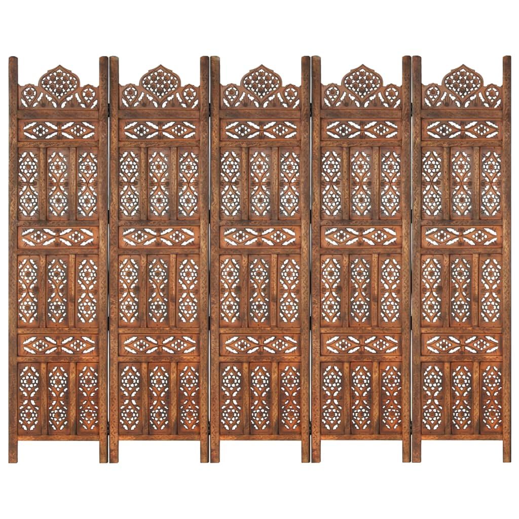 Hand carved 5-Panel Room Divider Brown 200x165 cm Solid Mango Wood