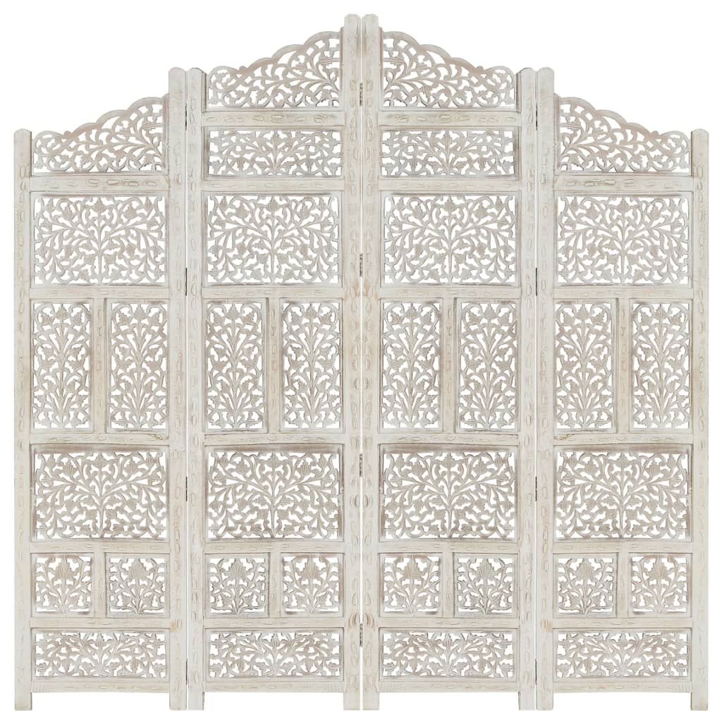 Hand carved 4-Panel Room Divider White 160x165 cm Solid Mango Wood