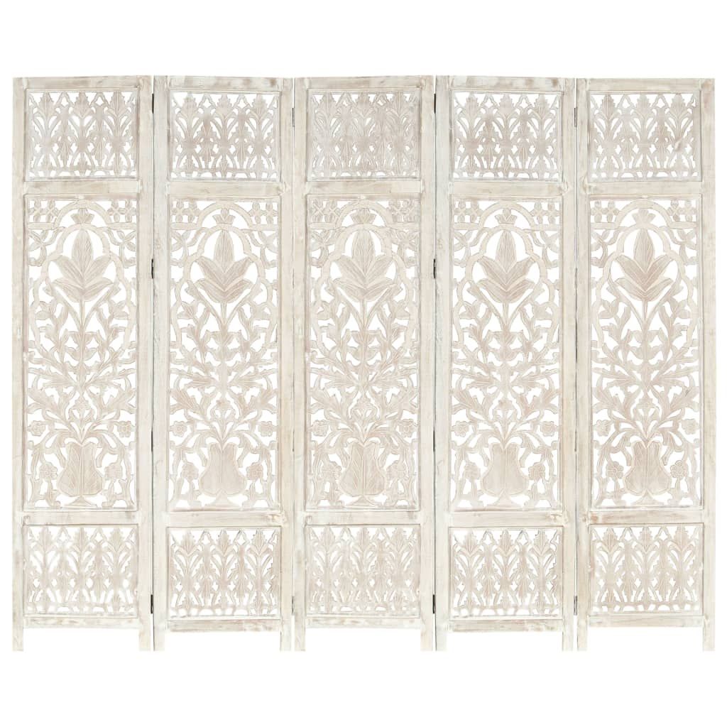 Hand carved 5-Panel Room Divider White 200x165 cm Solid Mango Wood