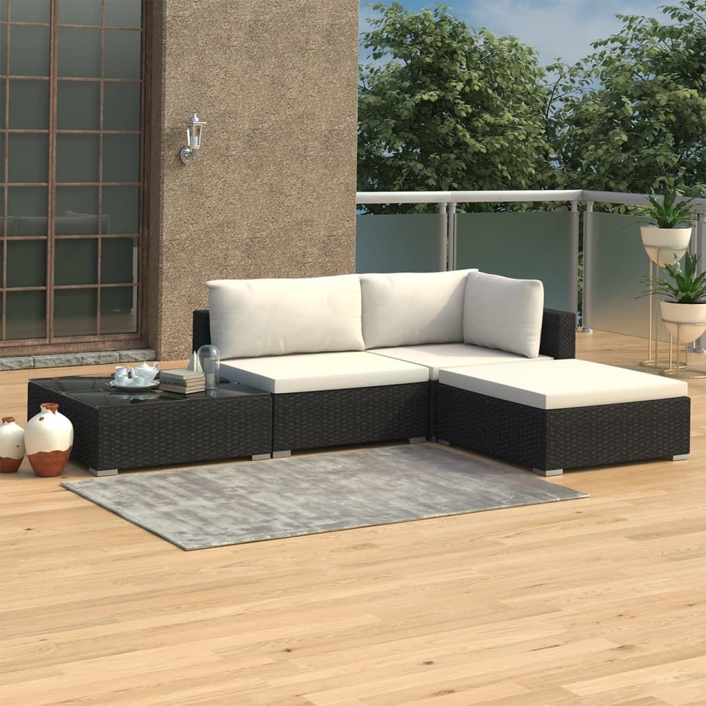 4 Piece Garden Lounge Set with Cushions Poly Rattan Black