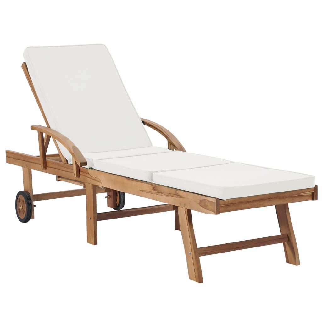 Sun Lounger with Cushion Solid Teak Wood Cream