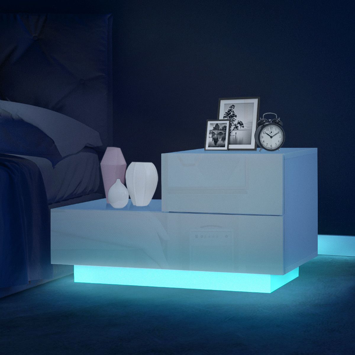 White 2 Drawer Bedside Table Side Table Nightstand LShape High Gloss