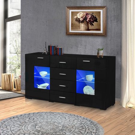 140cm Black Sideboard Buffet Cabinet with 4 Drawers LED Light High Gloss Front Cupboard