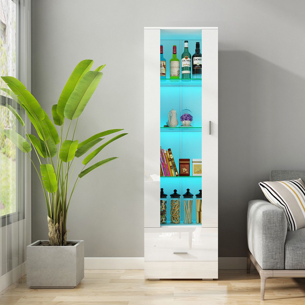 190cm Wood Tall Side Cabinet with Thick Glass Shelves 1 Drawer High ...