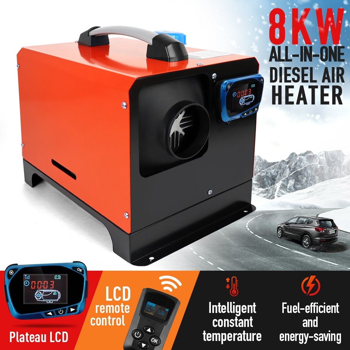 Diesel Air Heater 12V 8KW All-in-One Parking Car Truck Caravan LCD Remote Black and Orange