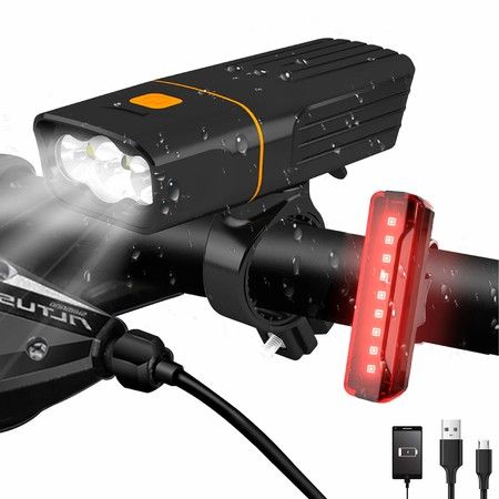 LED Bike Headlight and Back Light Set 2400 mAh 3+5 Light Modes, IPX5 Waterproof