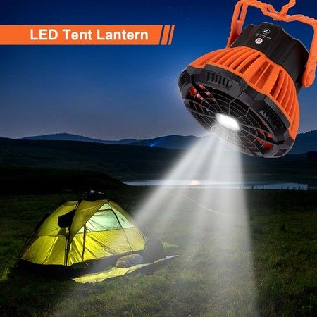 Portable Camping Fan with LED Light, Remote Control Desk Fan Camping Accessories,5200mAh USB Rechargeable Battery LED Tent Lantern with Hanging Hook