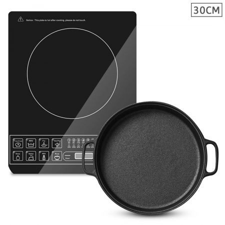 Electric Smart Induction Cooktop and 30cm Cast Iron Frying Pan Skillet Sizzle Platter