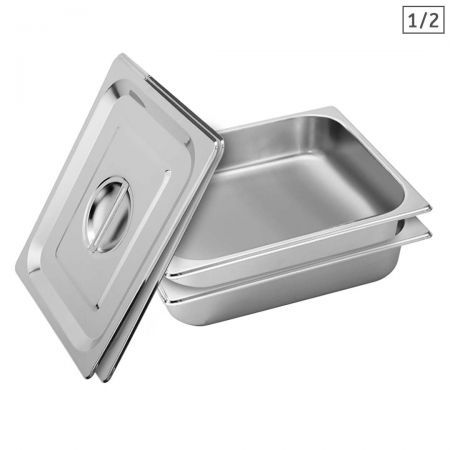2X Gastronorm GN Pan Full Size 1/2 GN Pan 6.5cm Deep Stainless Steel Tray With Lid