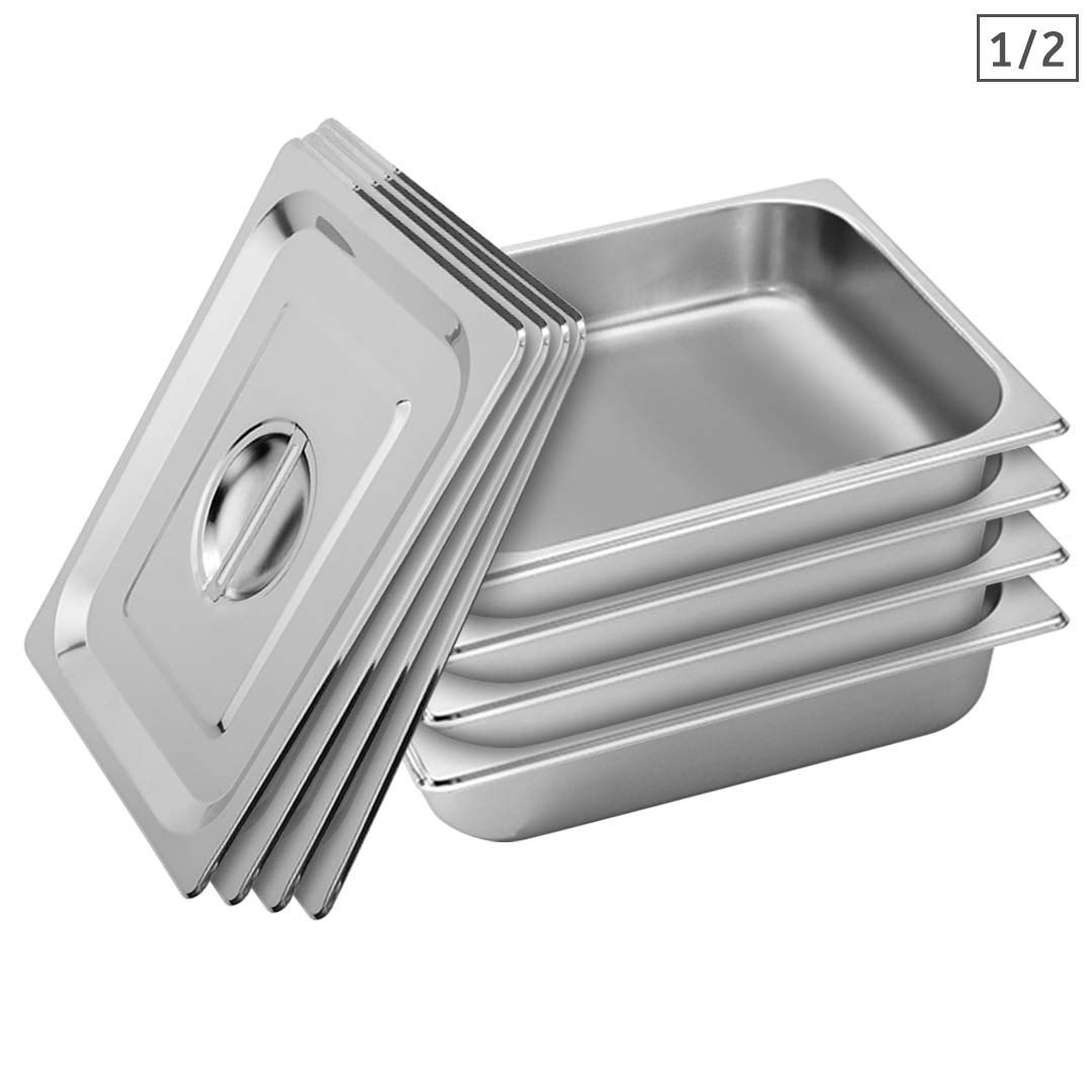 4X Gastronorm GN Pan Full Size 1/2 GN Pan 6.5cm Deep Stainless Steel Tray With Lid