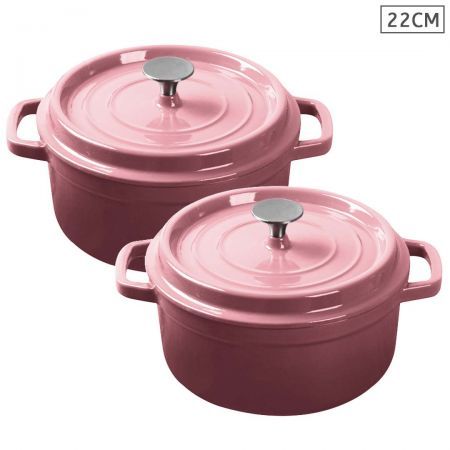 2X Cast Iron 22cm Enamel Porcelain Stewpot Casserole Stew Cooking Pot With Lid Pink