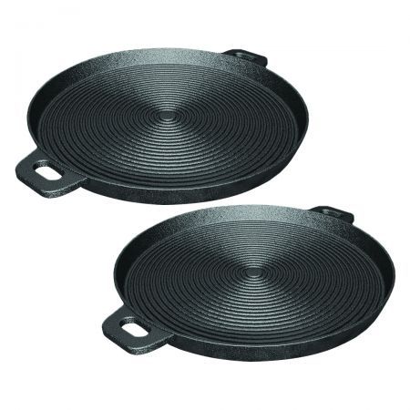 2X 40cm Round Ribbed Cast Iron Frying Pan Skillet Steak Sizzle Platter with Handle