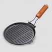 2X 24cm Round Ribbed Cast Iron Steak Frying Grill Skillet Pan with Folding Wooden Handle