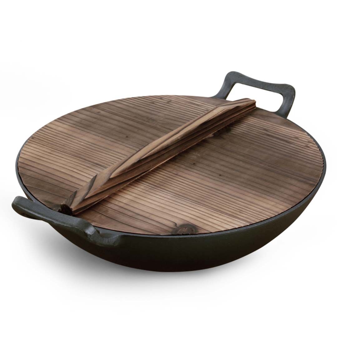 36CM Commercial Cast Iron Wok FryPan with Wooden Lid Fry Pan