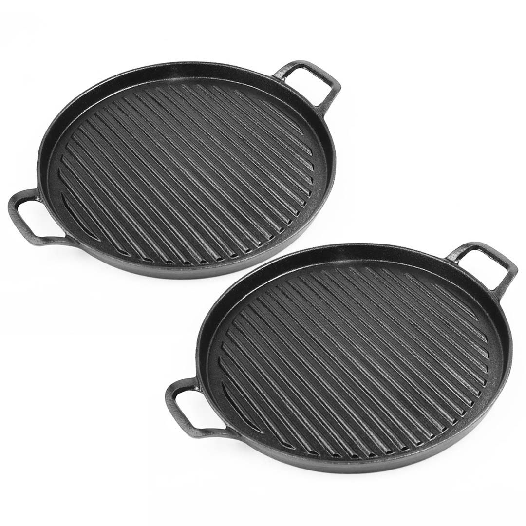 2X 30cm Ribbed Cast Iron Frying Pan Skillet Coating Steak Sizzle Platter