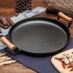 35cm Cast Iron Frying Pan Skillet Steak Sizzle Fry Platter With Wooden Handle No Lid