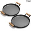 2X 35cm Cast Iron Frying Pan Skillet Steak Sizzle Fry Platter With Wooden Handle No Lid