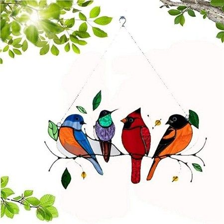 Multicolor Birds on a Wire High Stained Glass Suncatcher Window Panel, Bird Series Ornaments Pendant Home Decoration, Gifts for Bird Lover for Garden Home (4birds)
