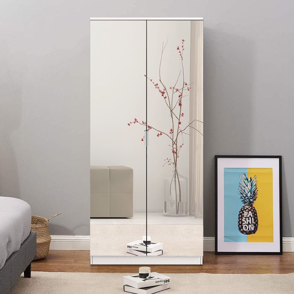 2 Door Mirrored Wardrobe Dresser with 3 Storage Shelves 2 Drawers Cabinet Closet White