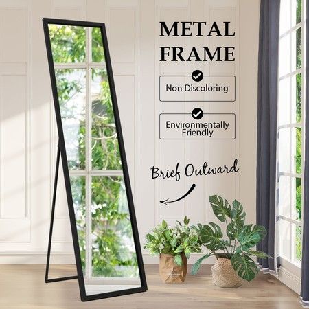 Mirror Floor Standing Mirror Multi-purpose Full Length w/ Rectangle Metal Frame 36cm x 2cm x 142cm Black