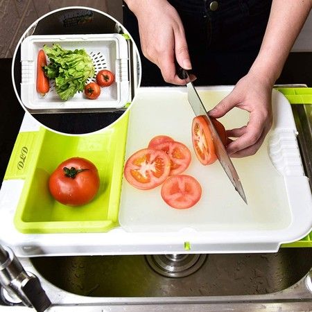 3 In 1 Design Retractable Kitchen Multifunctional Plastic Cutting Board With Drain Basket Creative Practical Kitchen Gadget (Green)