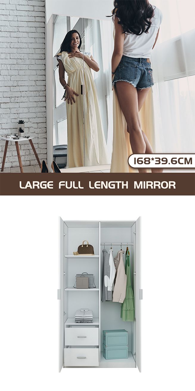2 Door Mirrored Wardrobe Dresser with 3 Storage Shelves 2 Drawers