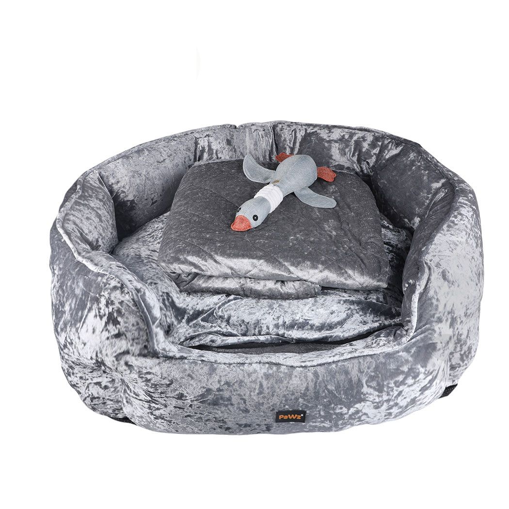 PaWz Pet Bed Set Dog Cat Quilted Blanket Squeaky Toy Calming Warm Soft Nest Grey M