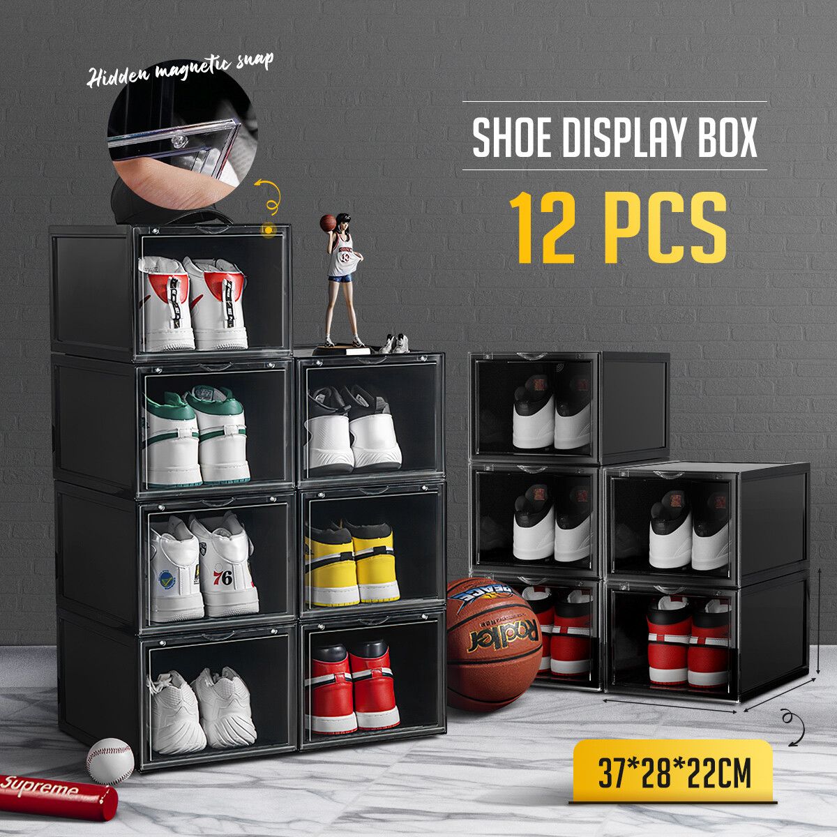 12PCS Shoe Storage Box Sneaker Display Cases ABS Plastic Boxes Stackable Organiser Transparent Black